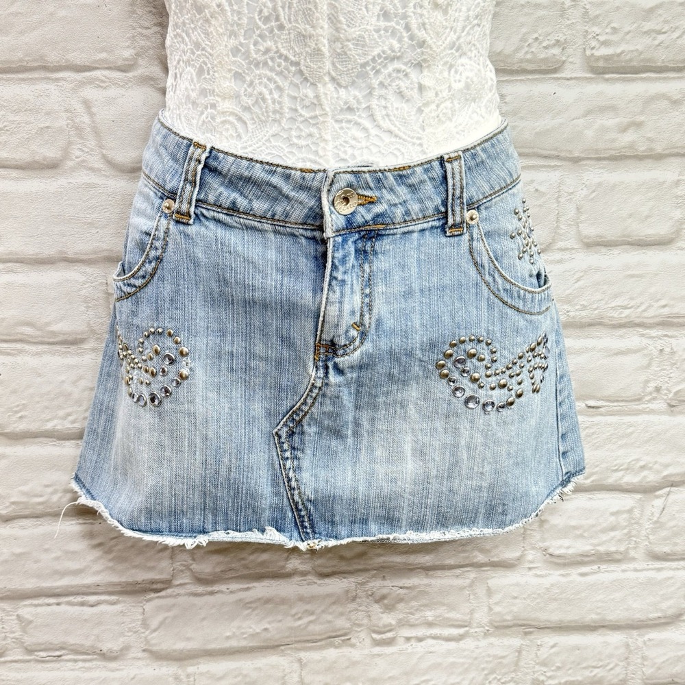 Vintage Y2K Jordache‎ Low Rise Micro Mini Denim Skirt 7/8 Embellished Light Wash